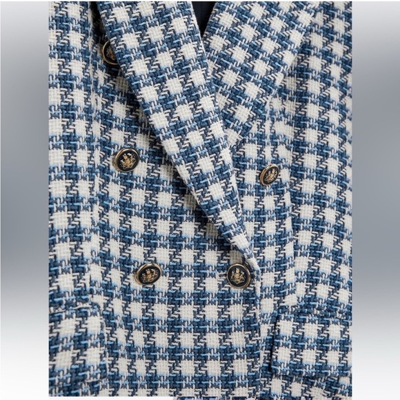 Zara Blue Double Breasted Houndstooth Blazer size S  academia preppy old money - Picture 11 of 13